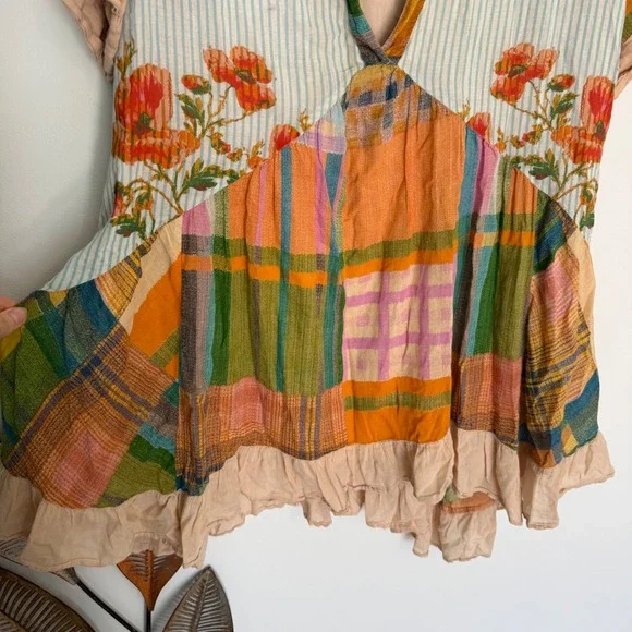 Free People Mixed Print Patchwork Tunic Dress Floral Plaid Boho S V Neck - Picture 5 of 10
